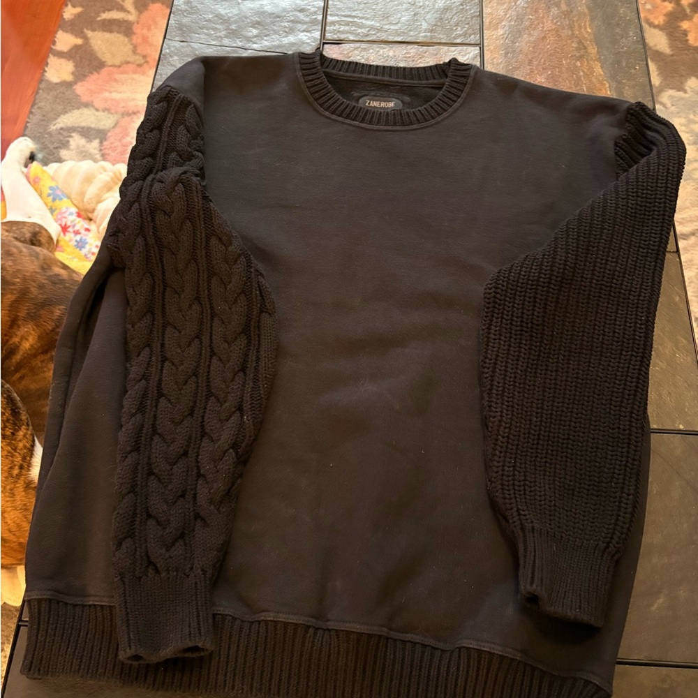 Zanerobe Black Crewneck Sweater with Textured Sleeves